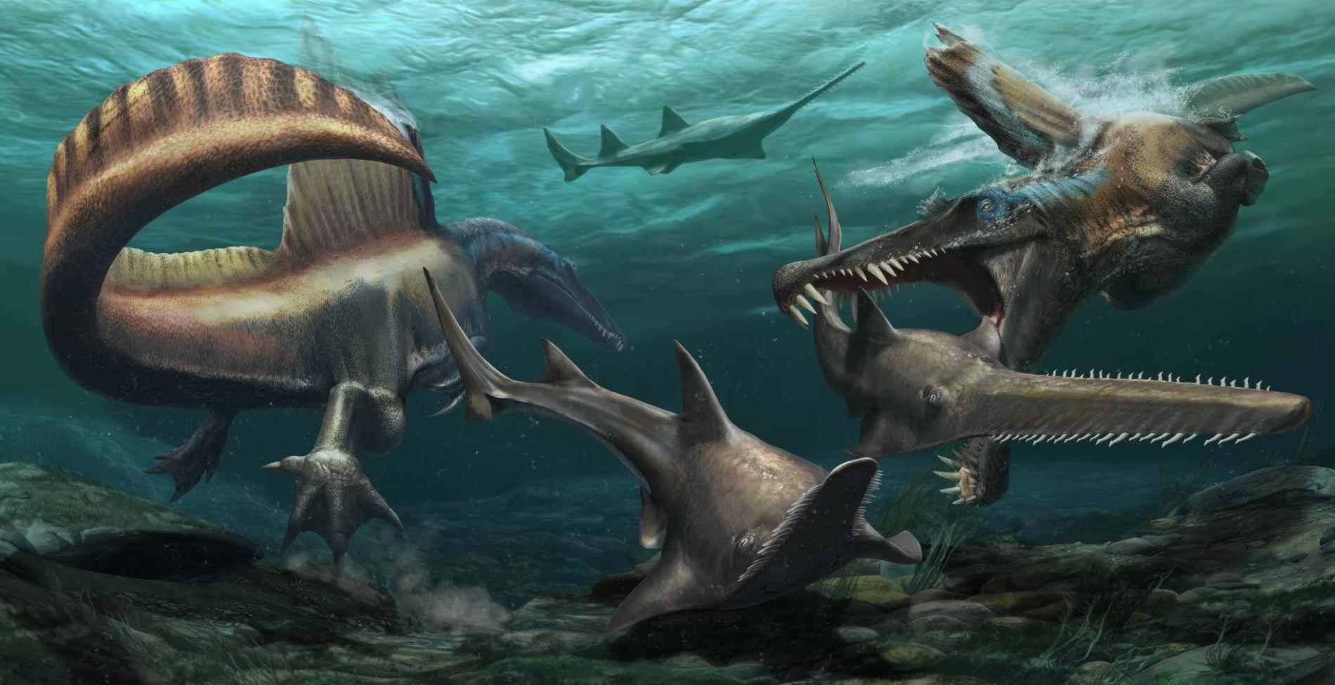 Spinosaurier jagen unterwasser prähistorische Fische