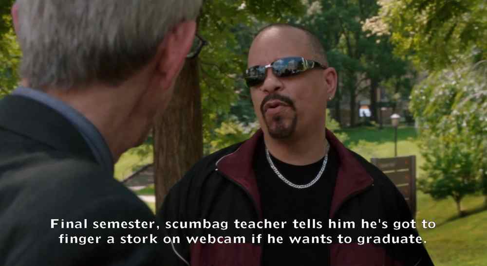 Final semester, scumbag teacher tells him he’s got to finger a stork on webcam if he wants to graduate.