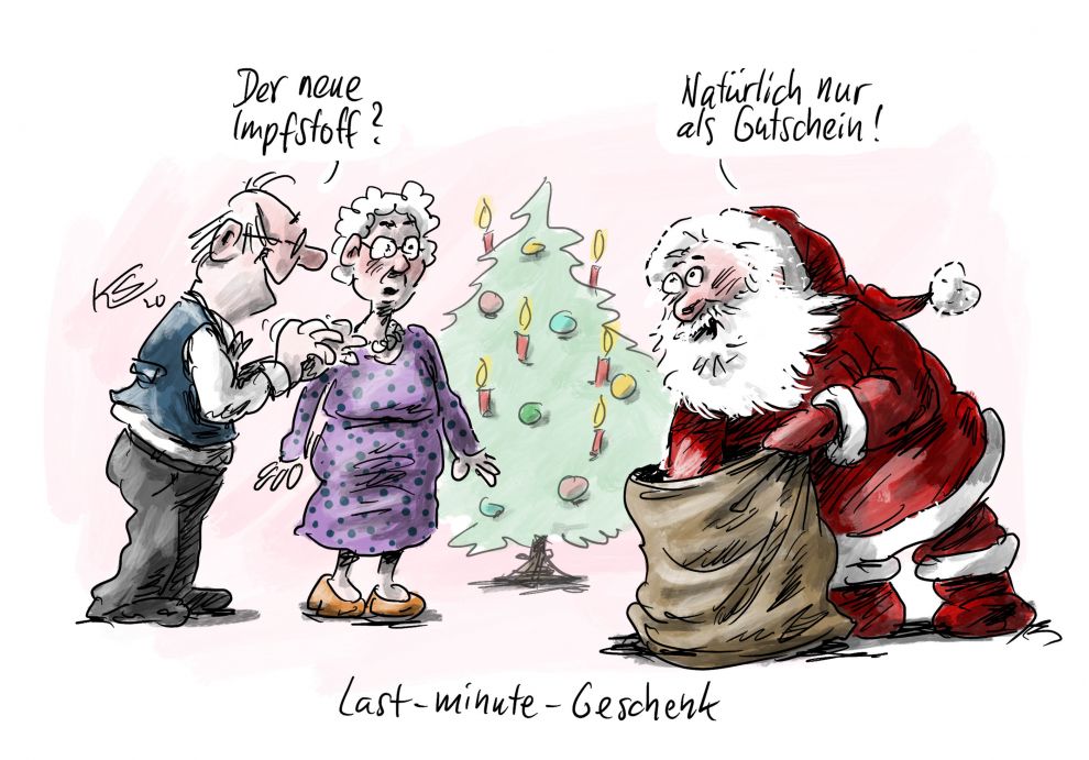 Stuttmann-Karikatur „Last-minute-Geschenk: Impfstoff nur als Gutschein“