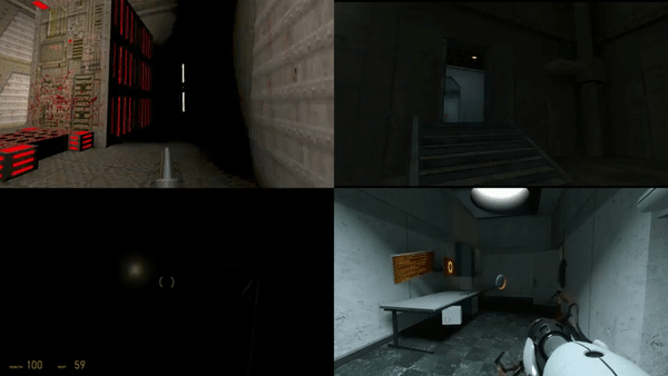 Comparison of light flicker in Quake, Half-Life, Half-Life 2, and Portal