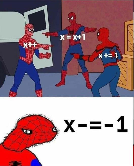 x++, x=x+1, x+=1, or x-=-1