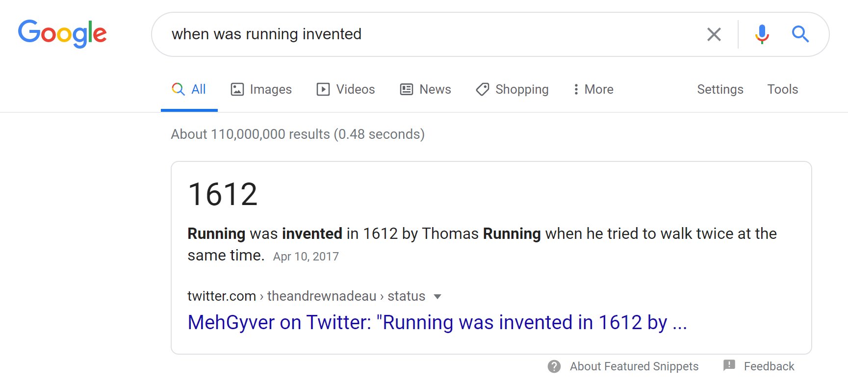 Running was invented in 1612