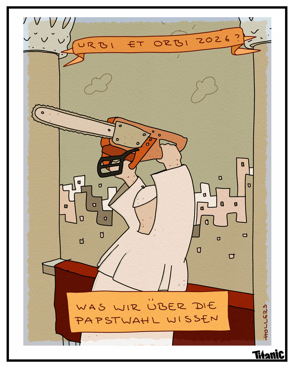 TITANIC Postkarte – Papst mit Kettensäge