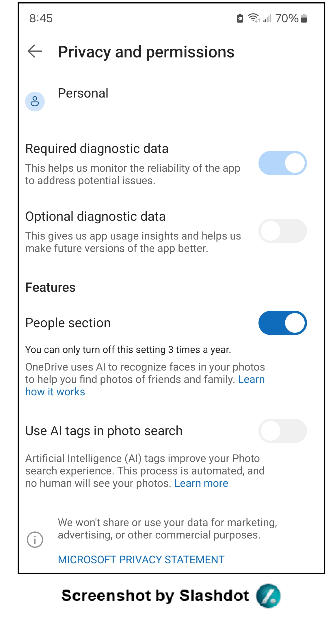 Screenshot of OneDrive settings for face recognition
